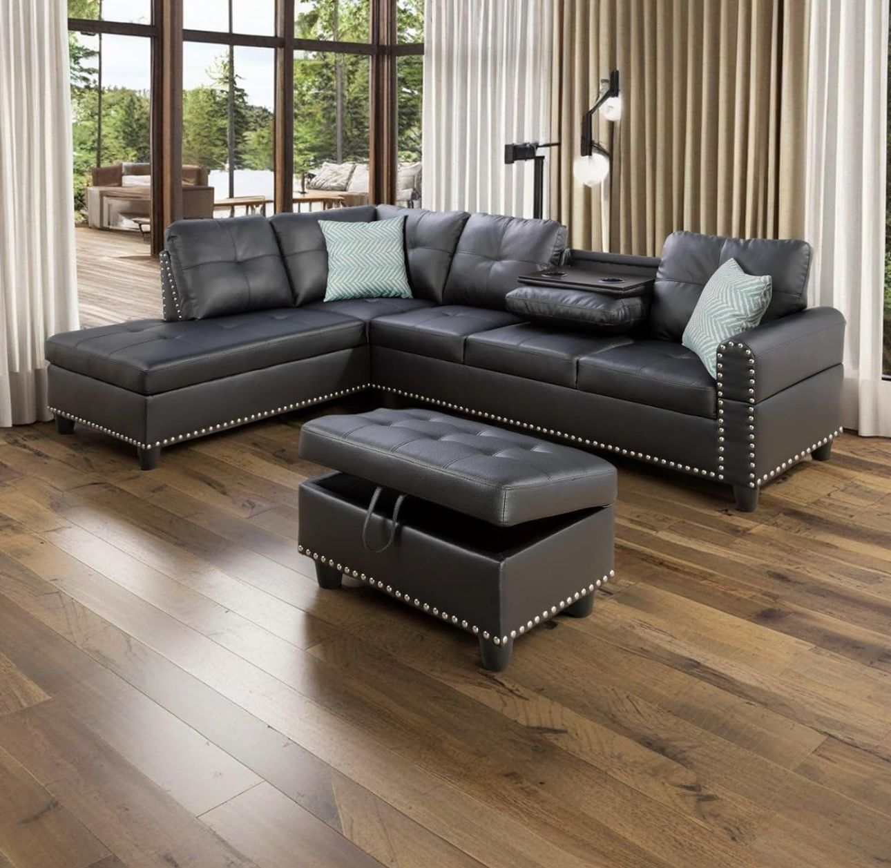 98" Faux Leather Couch with Ottoman Chaise and Cup Holder, L Shaped 3-Piece Sofa for Living Room, Apartment, Lounge