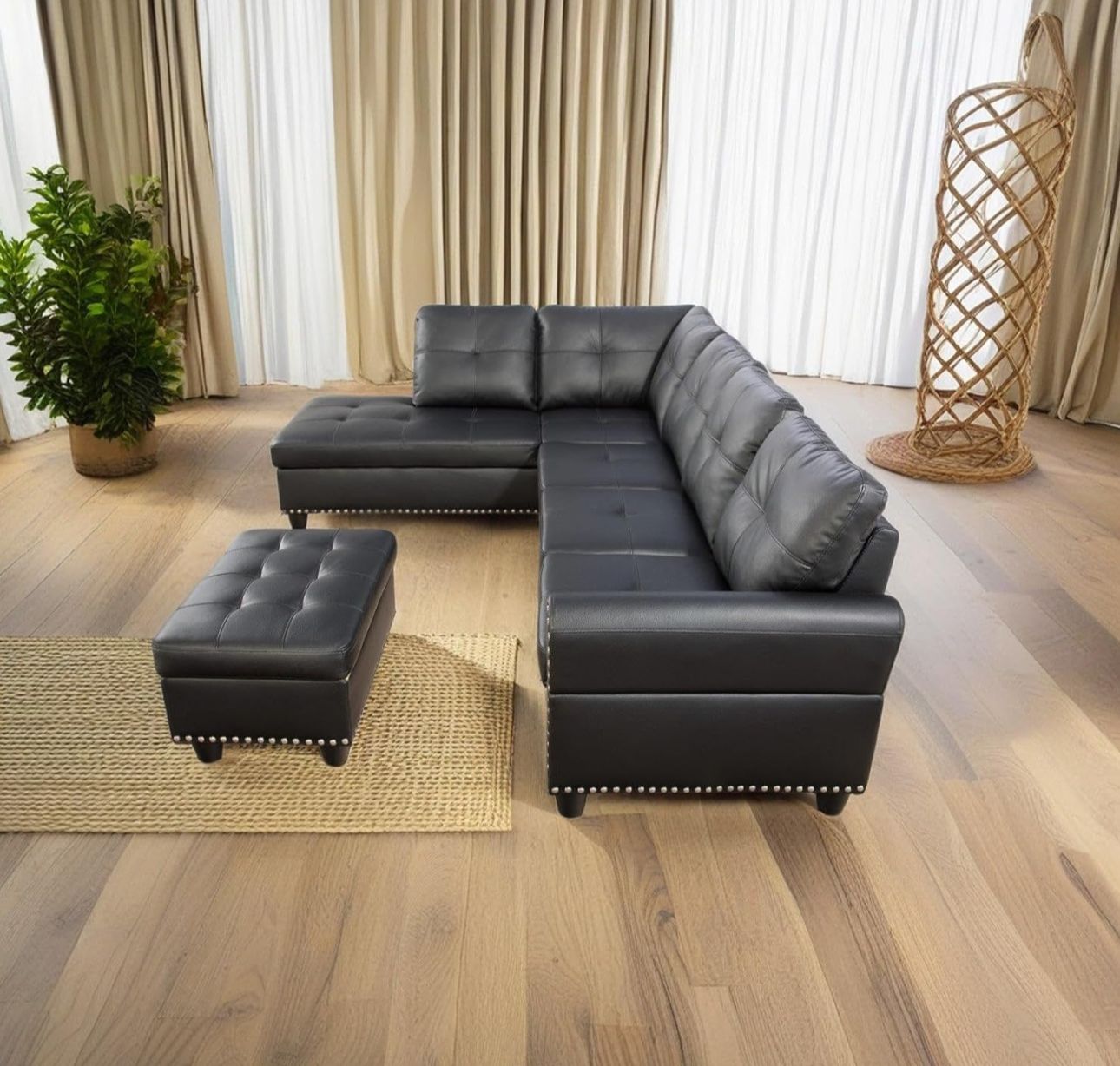 98" Faux Leather Couch with Ottoman Chaise and Cup Holder, L Shaped 3-Piece Sofa for Living Room, Apartment, Lounge